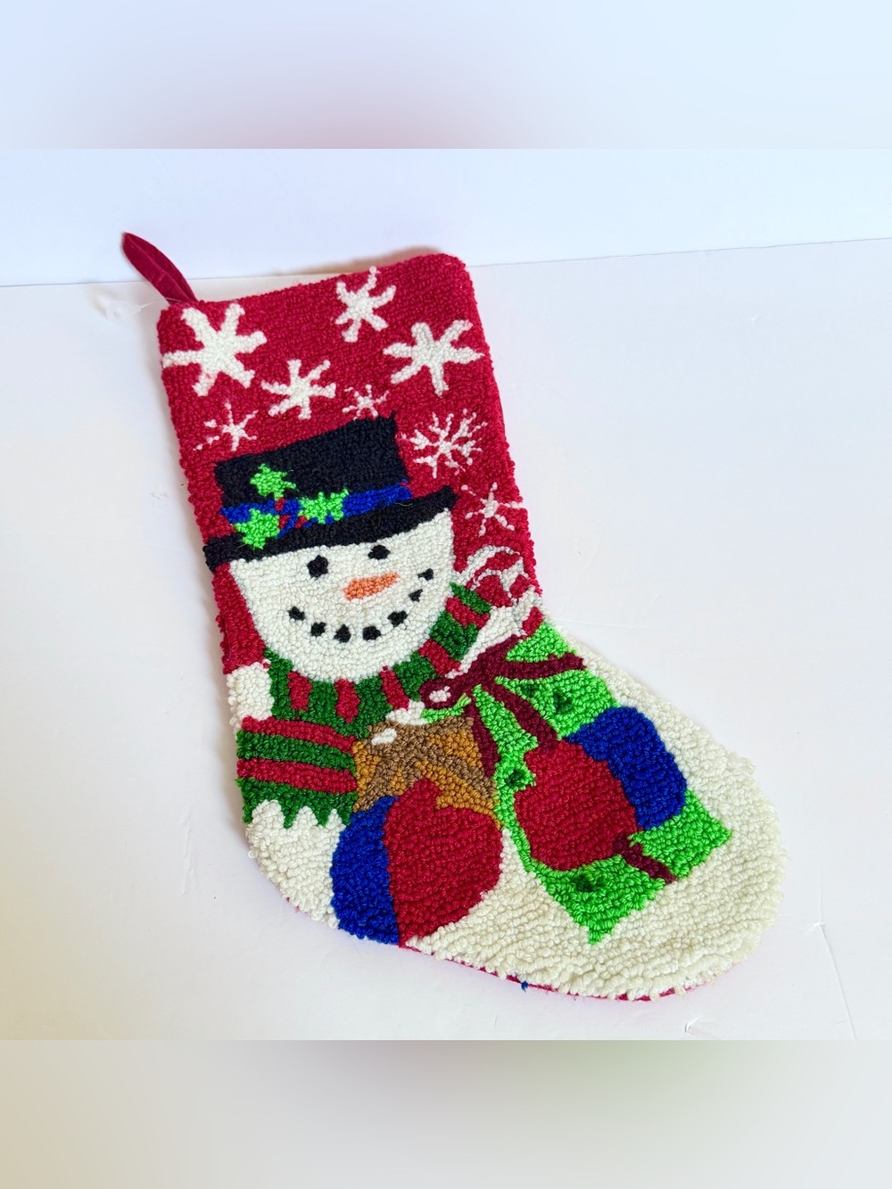 Vintage Handmade Snowman Christmas Stocking – Latch Hook / Needle Punch